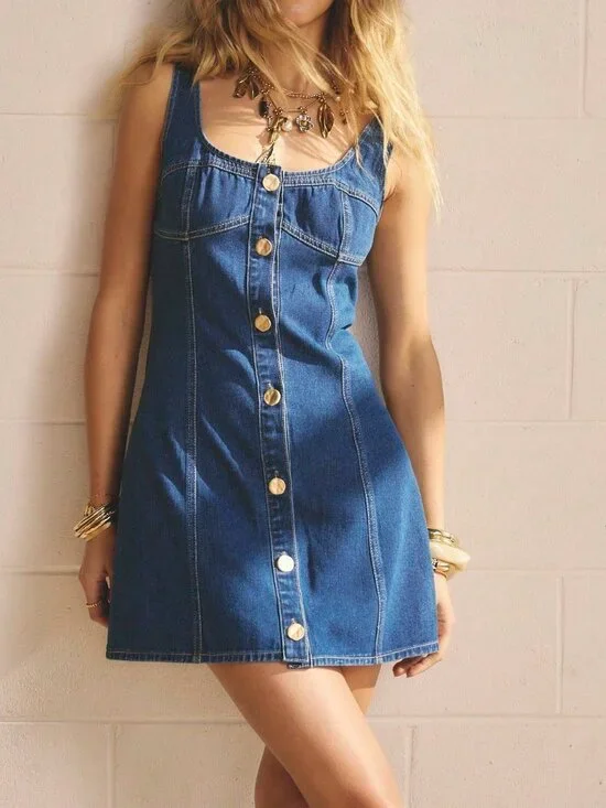 Blue Casual Women's Button Front Bodycon Square Neck Denim Mini Vacation Dress - Picture 6 of 9